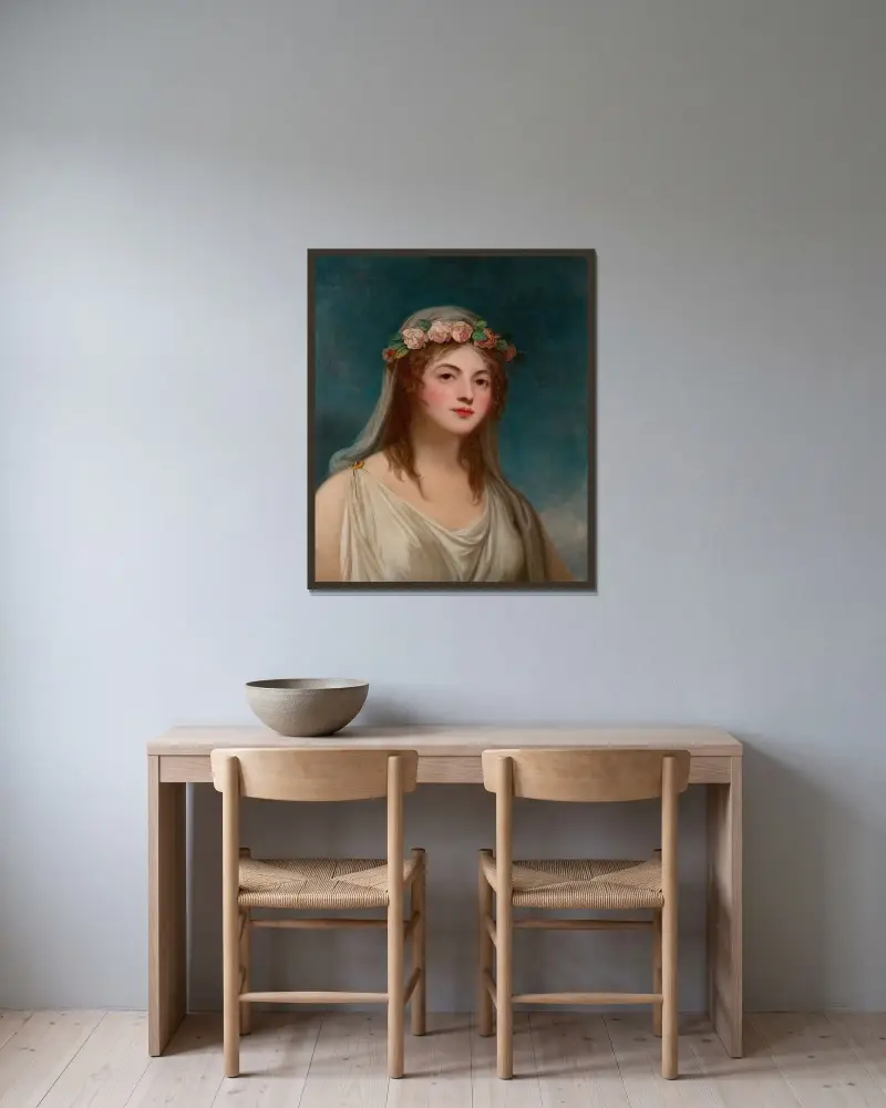 Porträtt av en dam, traditionellt identifierad som Emma Hamilton av George Romney inramad på en vägg