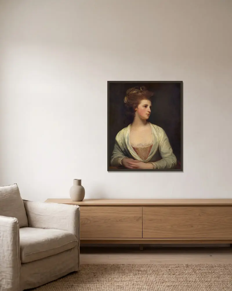 Porträtt av en kvinna, förmodad Emily Bertie Pott av George Romney inramad på en vägg