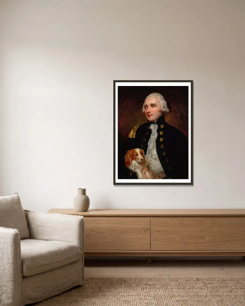 Bildnis eines Offiziers des Ingenieurkorps, Halbfigur, früher als Sir George Grey identifiziert von George Romney gerahmt an einer Wand