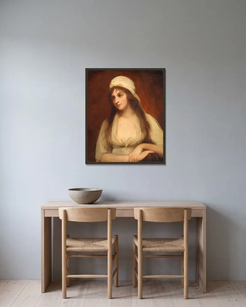 Porträtt av Mary Tighe (1747–1791), poet av George Romney inramad på en vägg