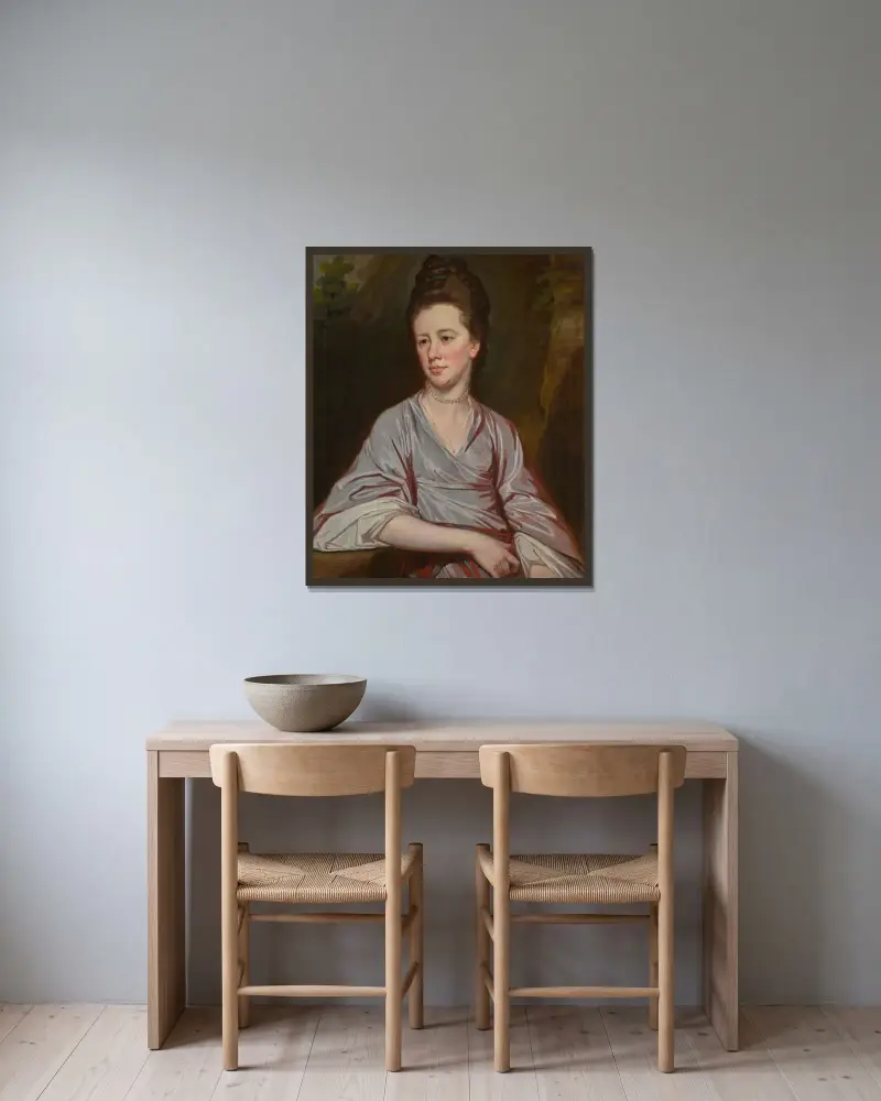 Porträtt av Miss Joan Knatchbull av George Romney inramad på en vägg