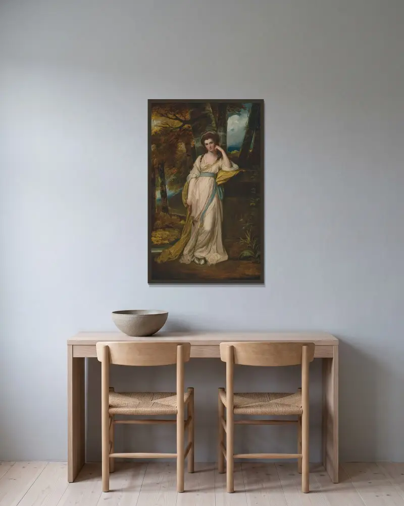 Porträtt av Mrs Deborah Jemima Maxwell av George Romney inramad på en vägg