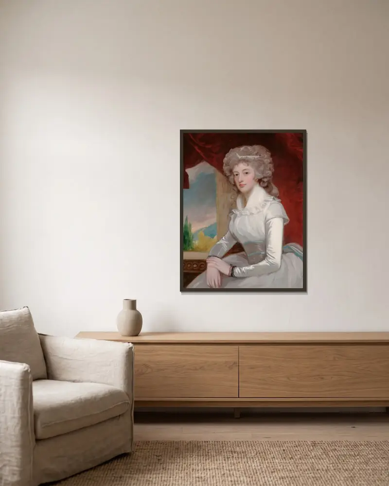 Porträtt av Mrs William Maguire av George Romney inramad på en vägg