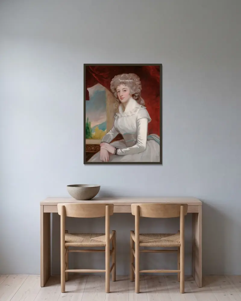 Porträtt av Mrs William Maguire av George Romney inramad på en vägg