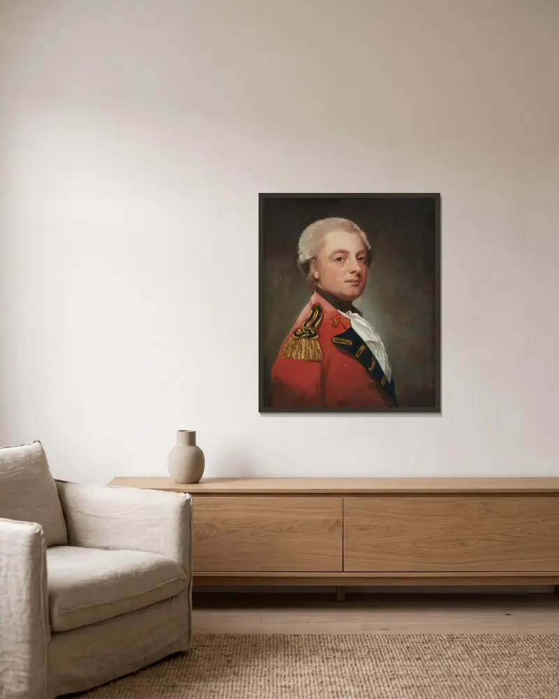 Porträtt av Sir Michael le Fleming, 4:e baronet av George Romney inramad på en vägg