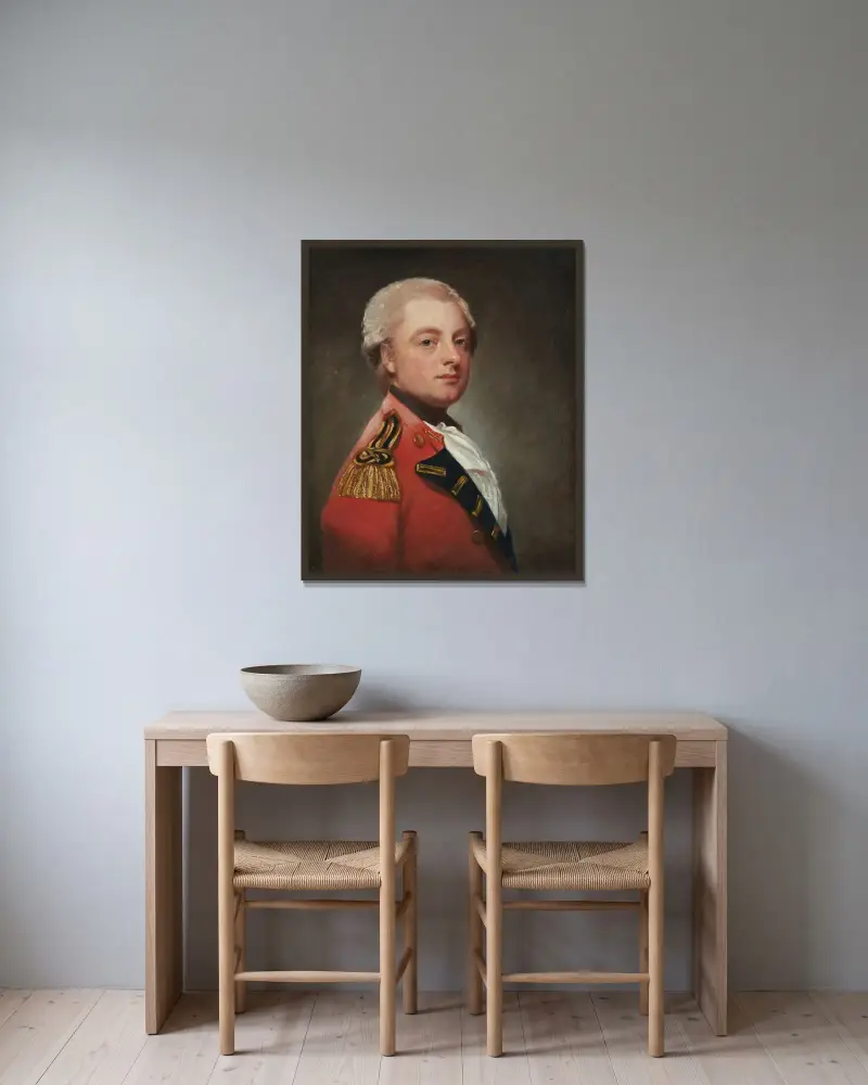 Porträtt av Sir Michael le Fleming, 4:e baronet av George Romney inramad på en vägg