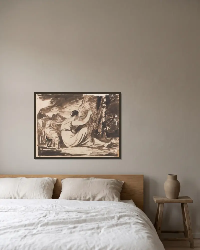 Herdinna som ristar en inskription i ett träd av George Romney inramad på en vägg