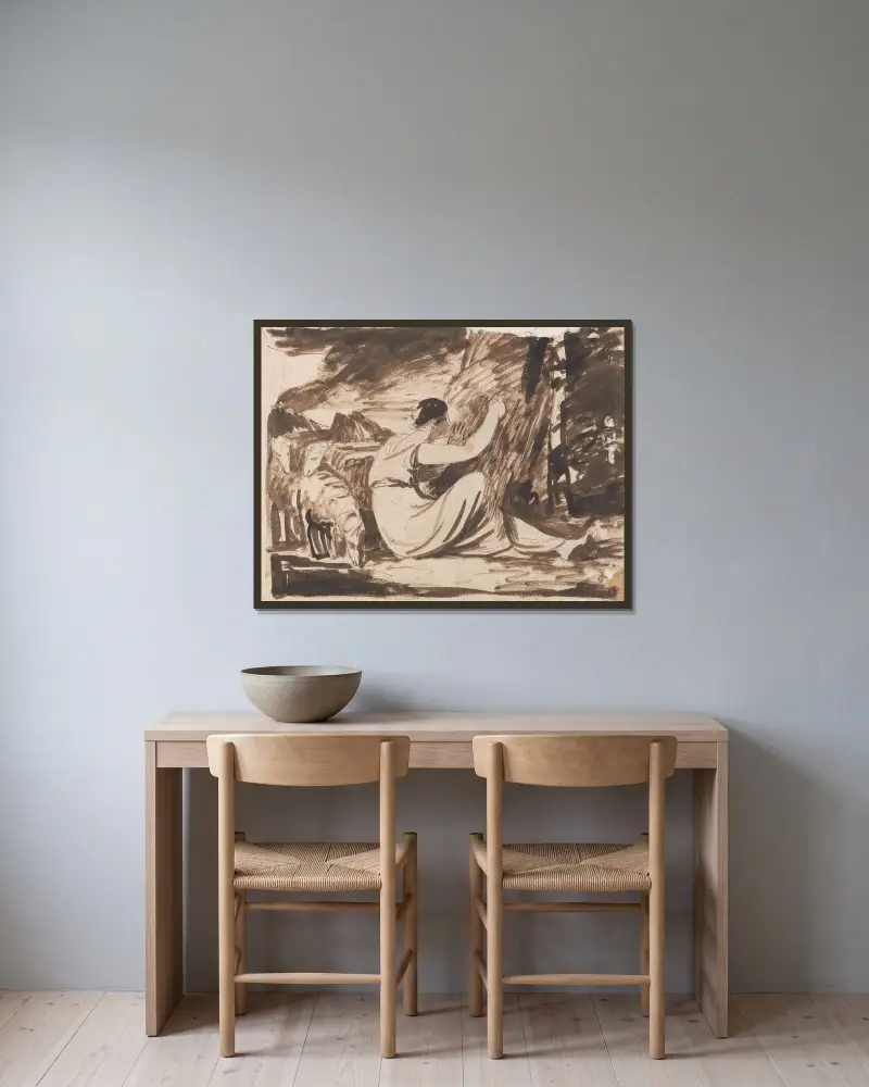 Herdinna som ristar en inskription i ett träd av George Romney inramad på en vägg