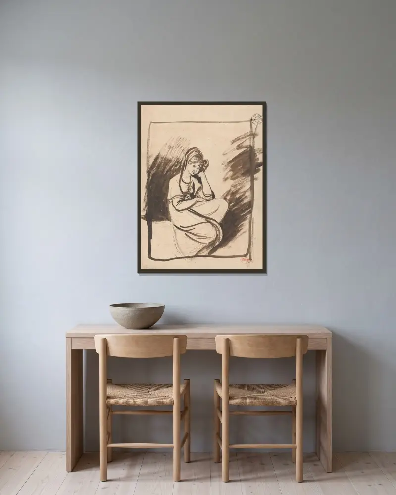 Skiss till porträtt av en dam av George Romney inramad på en vägg