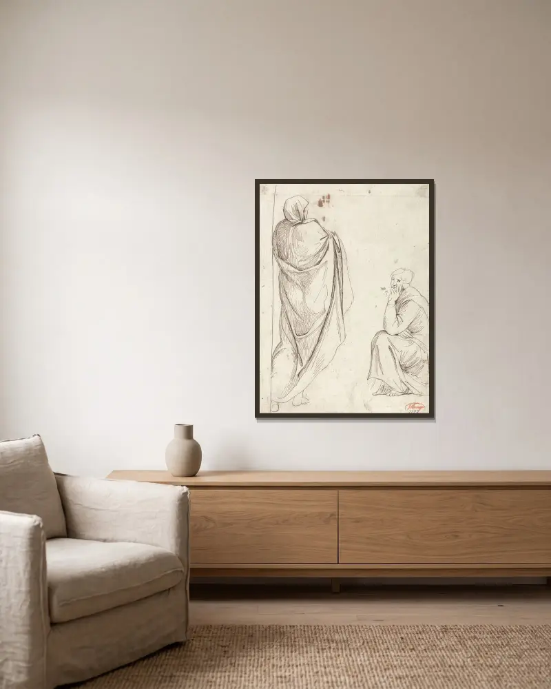 Stående figur och sittande figur av George Romney inramad på en vägg