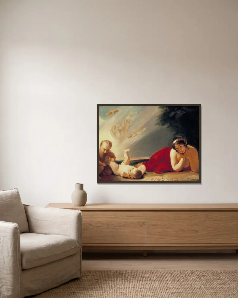 Study for Titania, Puck and the Changeling av George Romney inramad på en vägg