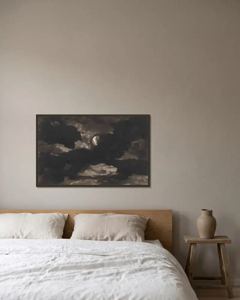 Studie av en molnig månbelyst himmel av George Romney inramad på en vägg