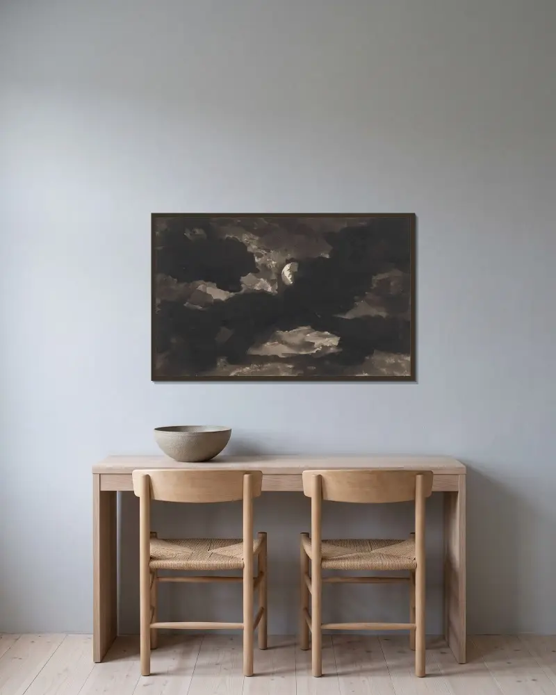 Studie av en molnig månbelyst himmel av George Romney inramad på en vägg
