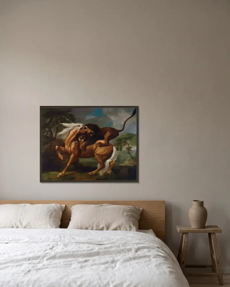 Ett lejon som angriper en häst av George Stubbs inramad på en vägg