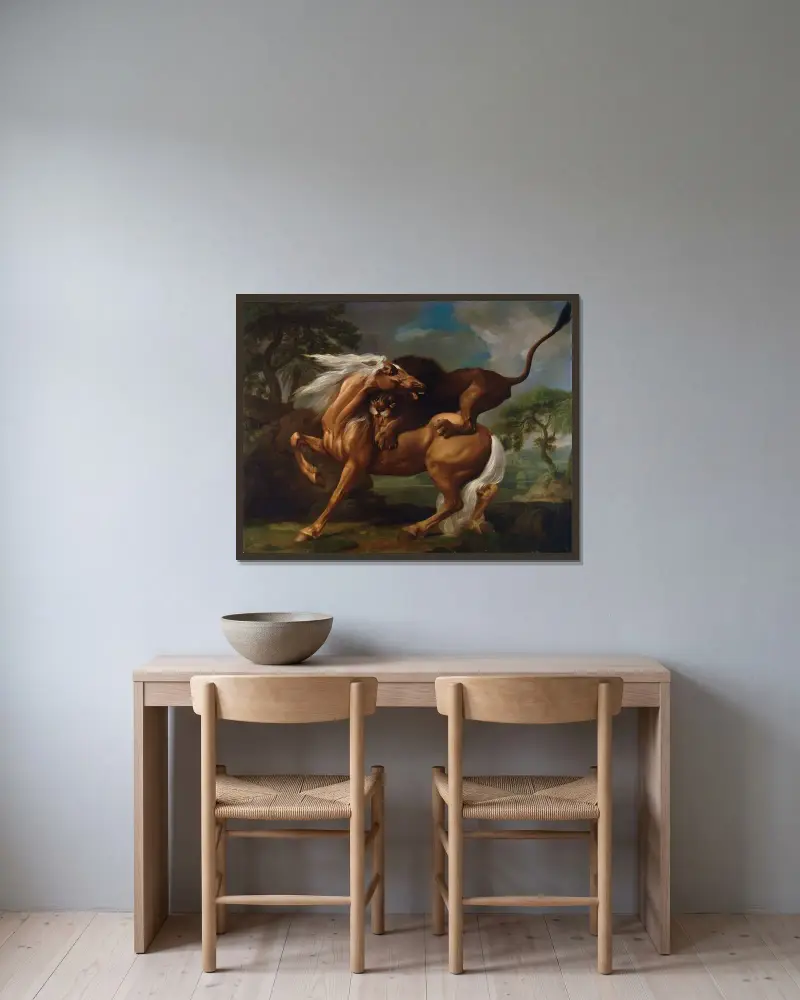 Ett lejon som angriper en häst av George Stubbs inramad på en vägg