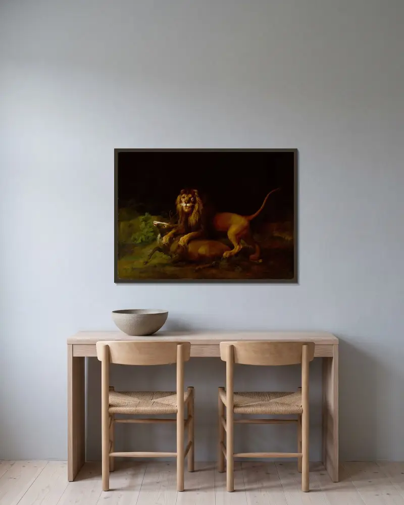 Ett lejon som anfaller en hjort av George Stubbs inramad på en vägg