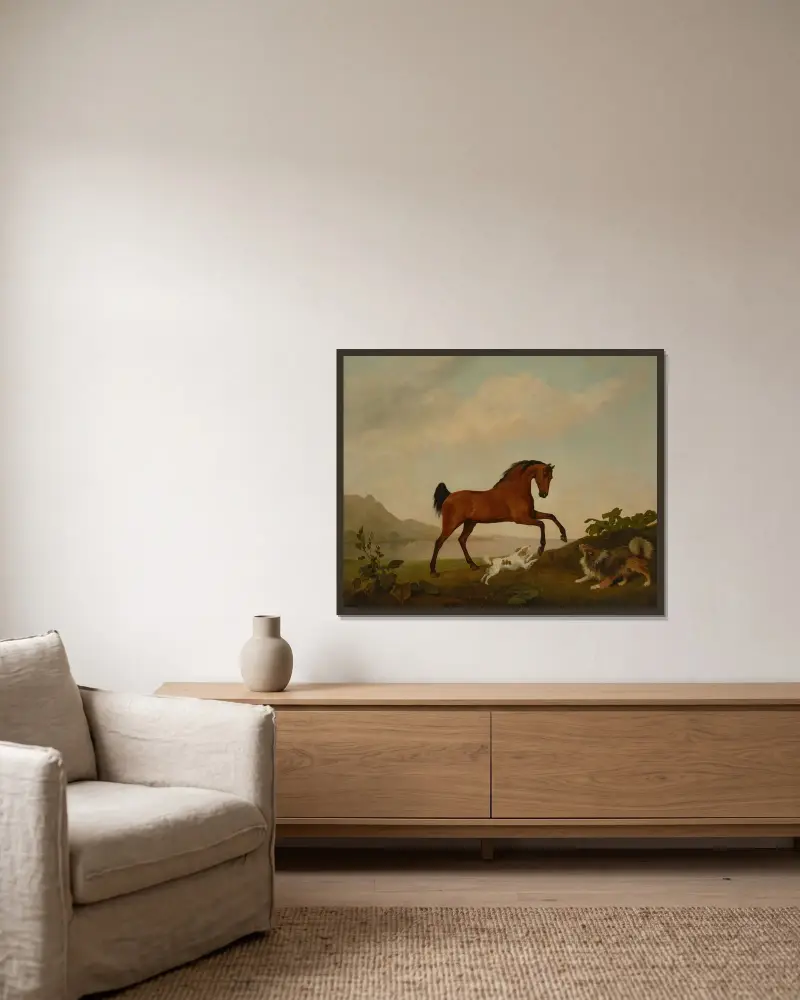 En stegrande häst med två hundar, i ett landskap av George Stubbs inramad på en vägg
