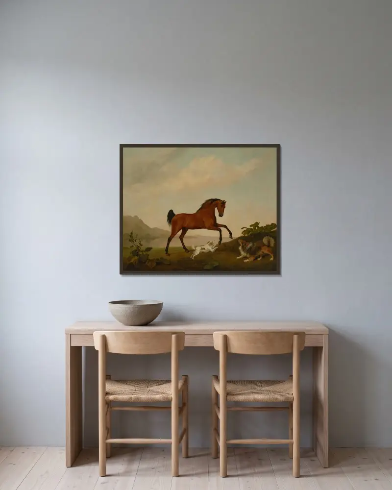 En stegrande häst med två hundar, i ett landskap av George Stubbs inramad på en vägg