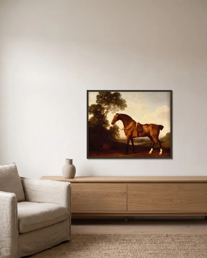 En sadlad brun jaktspringare av George Stubbs inramad på en vägg