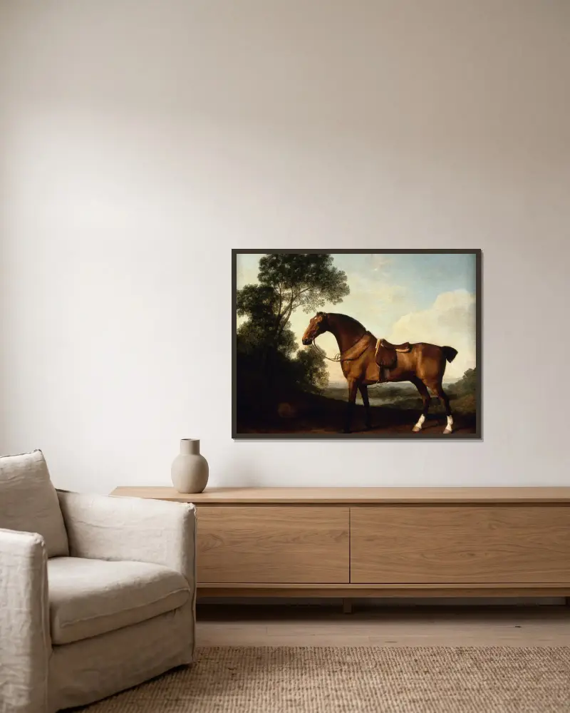 Ein gesattelter Braunjäger von George Stubbs gerahmt an einer Wand