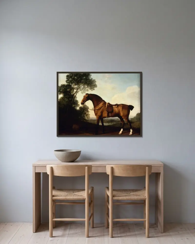 Ein gesattelter Braunjäger von George Stubbs gerahmt an einer Wand