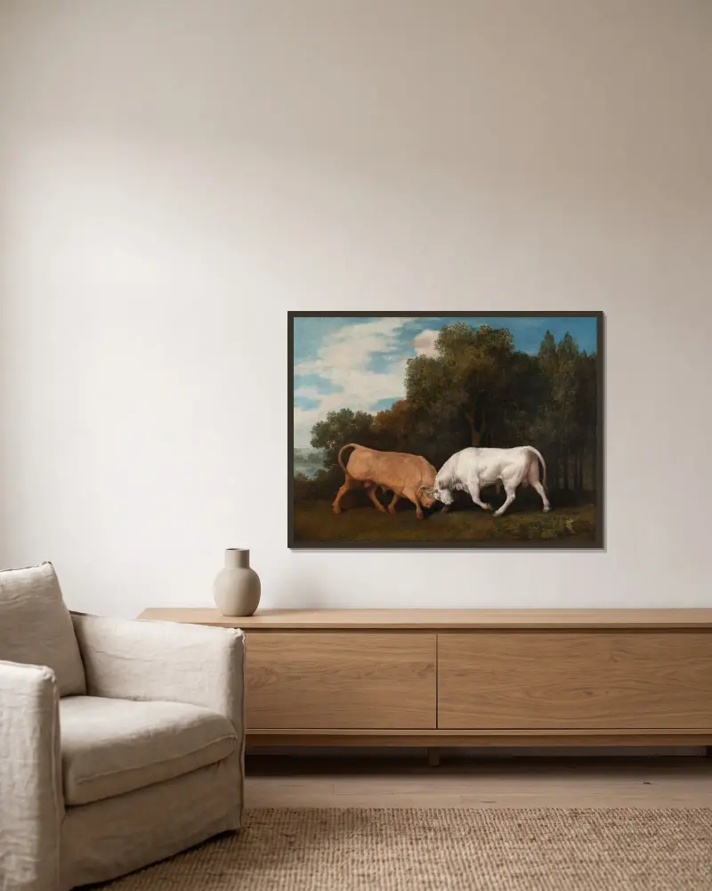 Tjurar som slåss av George Stubbs inramad på en vägg