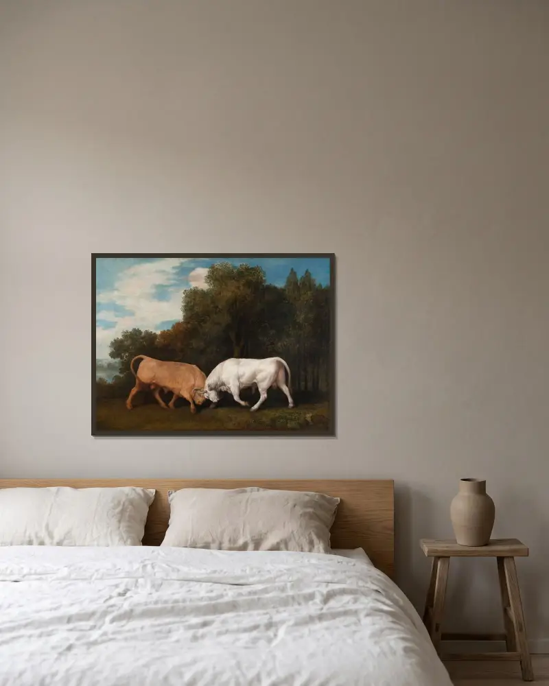Tjurar som slåss av George Stubbs inramad på en vägg