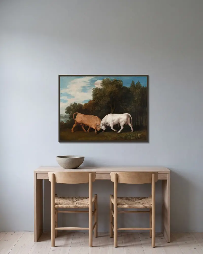 Tjurar som slåss av George Stubbs inramad på en vägg