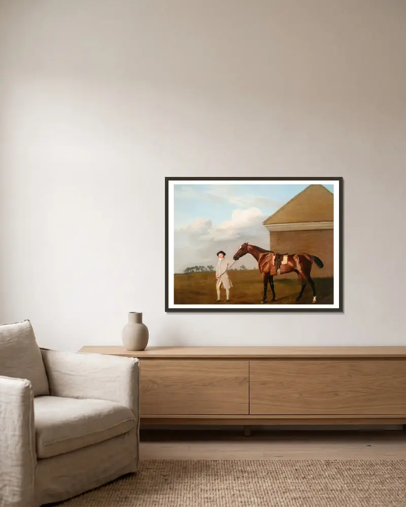 Firetail with his Trainer by the Rubbing-Down House on Newmarket Heath av George Stubbs inramad på en vägg