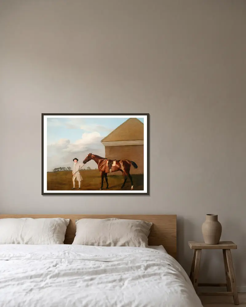 Firetail with his Trainer by the Rubbing-Down House on Newmarket Heath av George Stubbs inramad på en vägg
