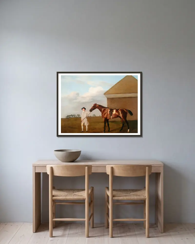 Firetail with his Trainer by the Rubbing-Down House on Newmarket Heath av George Stubbs inramad på en vägg