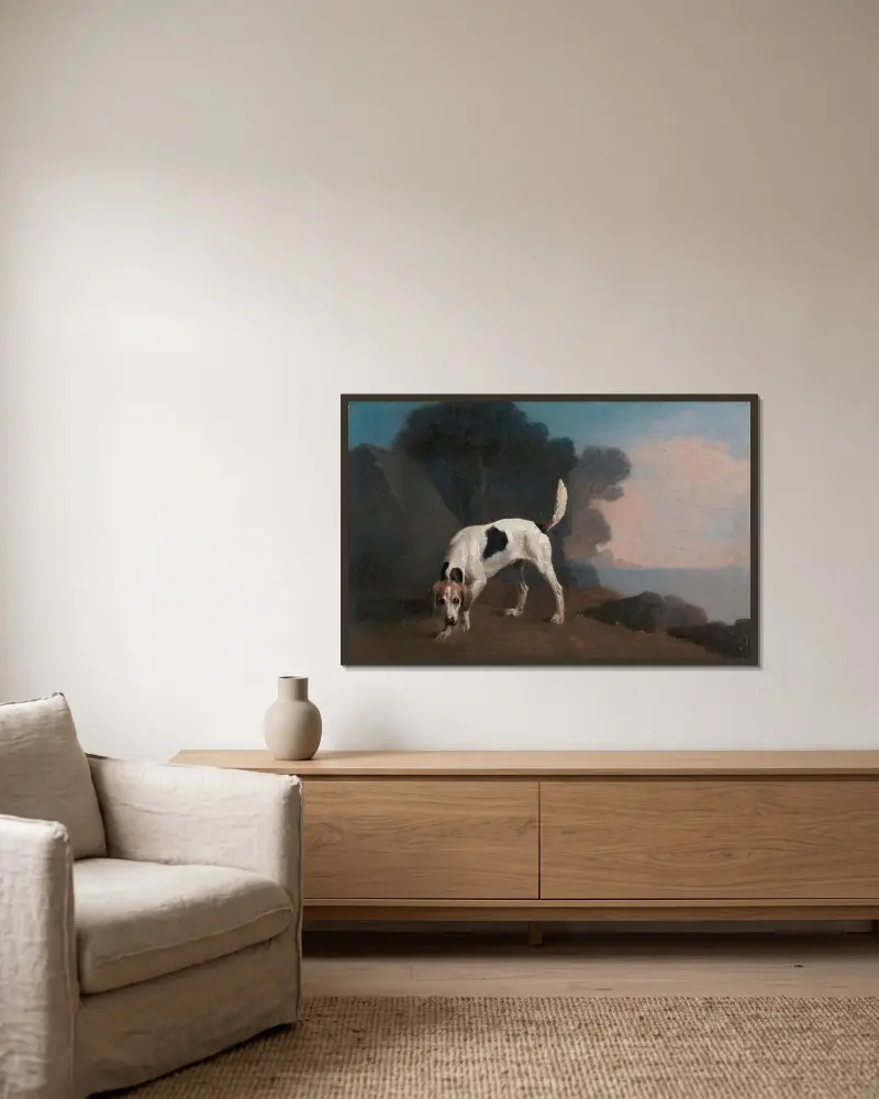Foxhound på spåret av George Stubbs inramad på en vägg