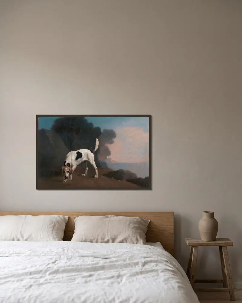 Foxhound på spåret av George Stubbs inramad på en vägg