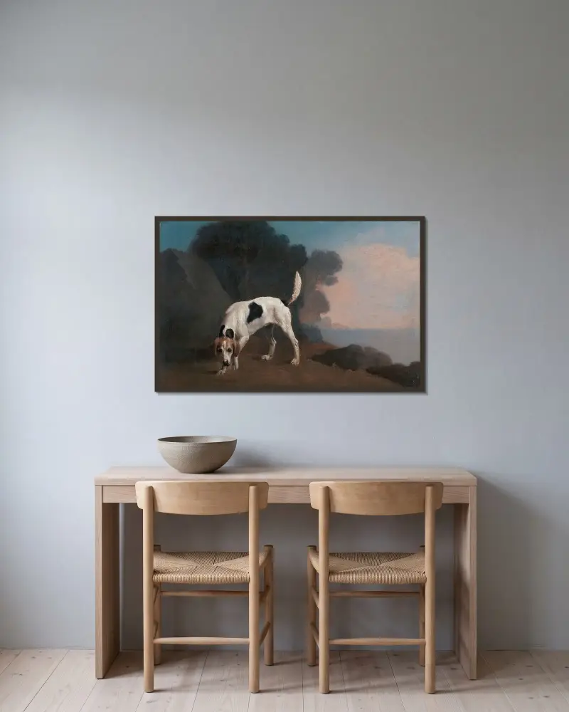 Foxhound på spåret av George Stubbs inramad på en vägg
