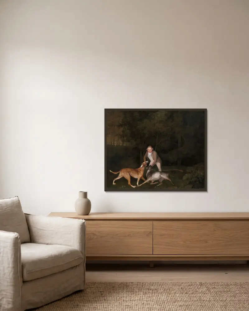 Freeman, der Wildhüter des Earl of Clarendon, mit einer sterbenden Hirschkuh und einem Hund von George Stubbs gerahmt an einer Wand
