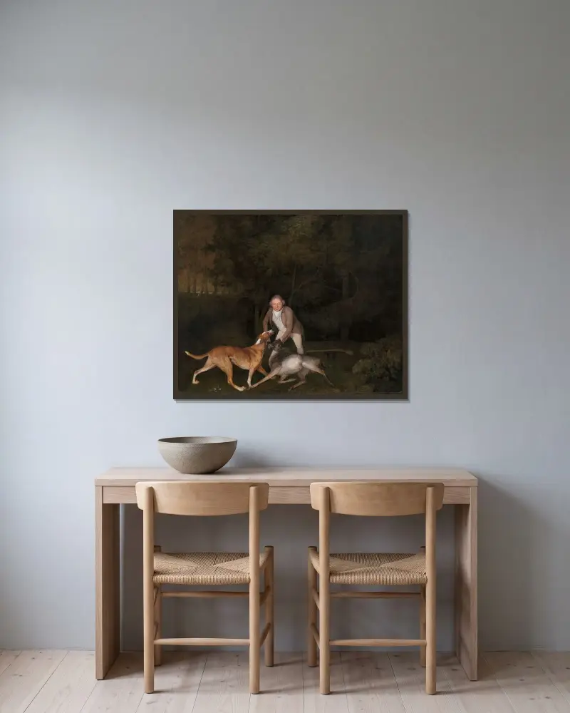 Freeman, der Wildhüter des Earl of Clarendon, mit einer sterbenden Hirschkuh und einem Hund von George Stubbs gerahmt an einer Wand