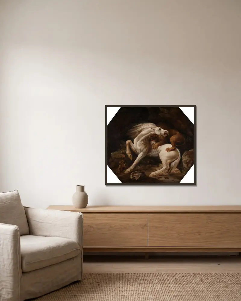 Häst angripen av lejon av George Stubbs inramad på en vägg