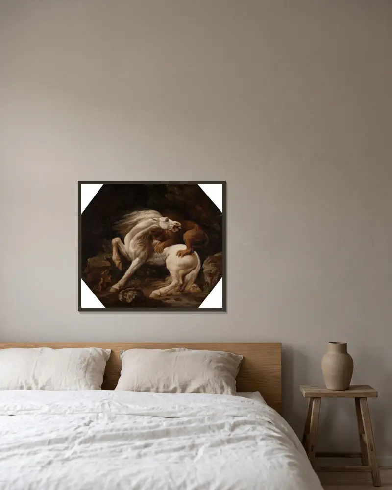 Häst angripen av lejon av George Stubbs inramad på en vägg