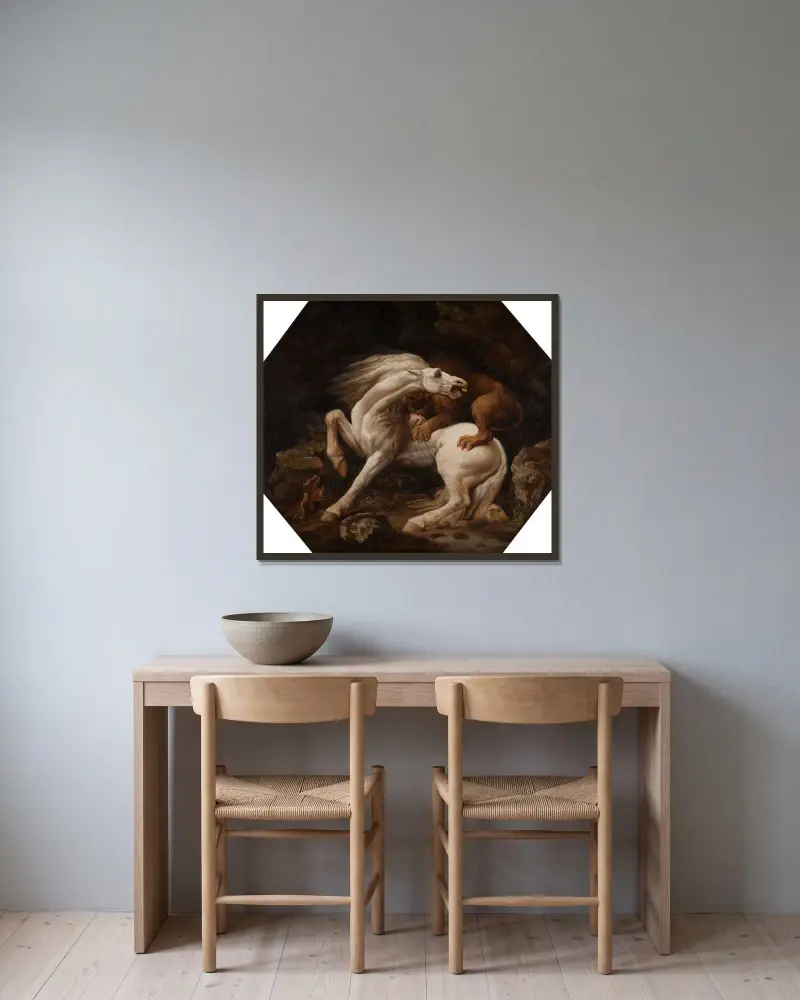 Häst angripen av lejon av George Stubbs inramad på en vägg