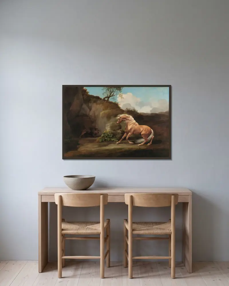 Häst skrämd av lejon av George Stubbs inramad på en vägg