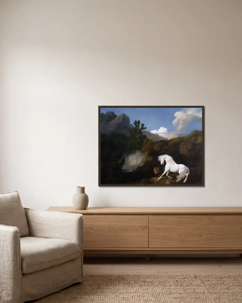 Koń przerażony przez lwa, George Stubbs w ramie na ścianie