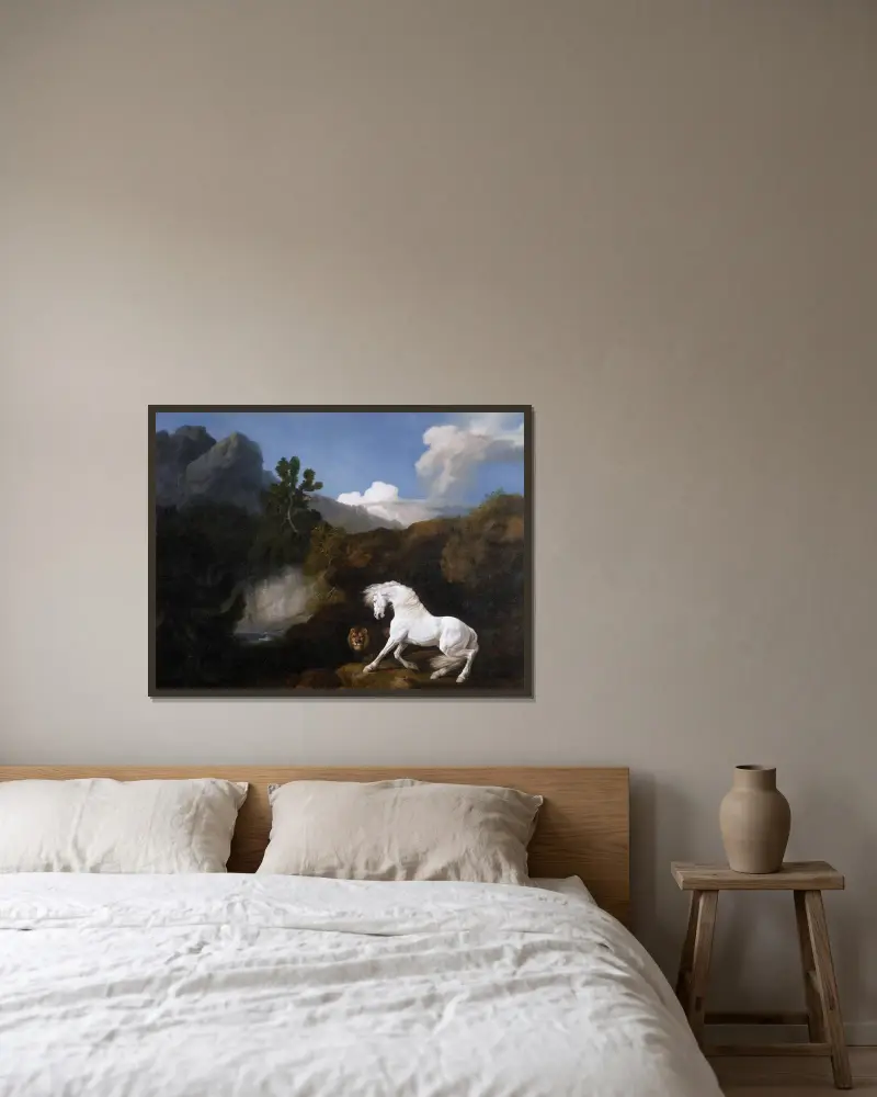 Koń przerażony przez lwa, George Stubbs w ramie na ścianie