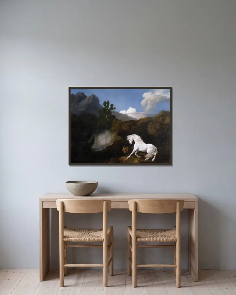 Koń przerażony przez lwa, George Stubbs w ramie na ścianie