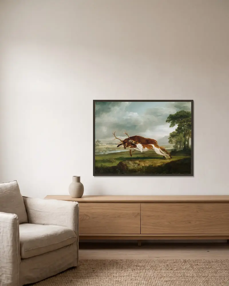 Ohař pronásledující jelena, George Stubbs v rámu na stěně
