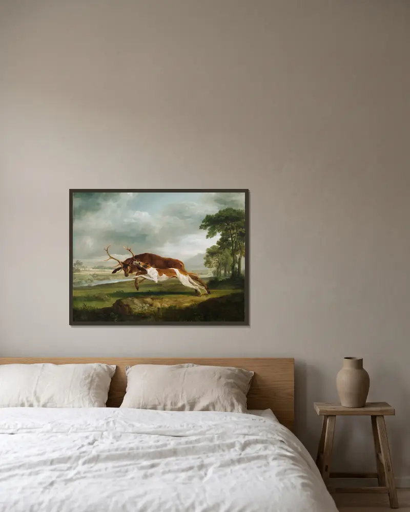 Ohař pronásledující jelena, George Stubbs v rámu na stěně
