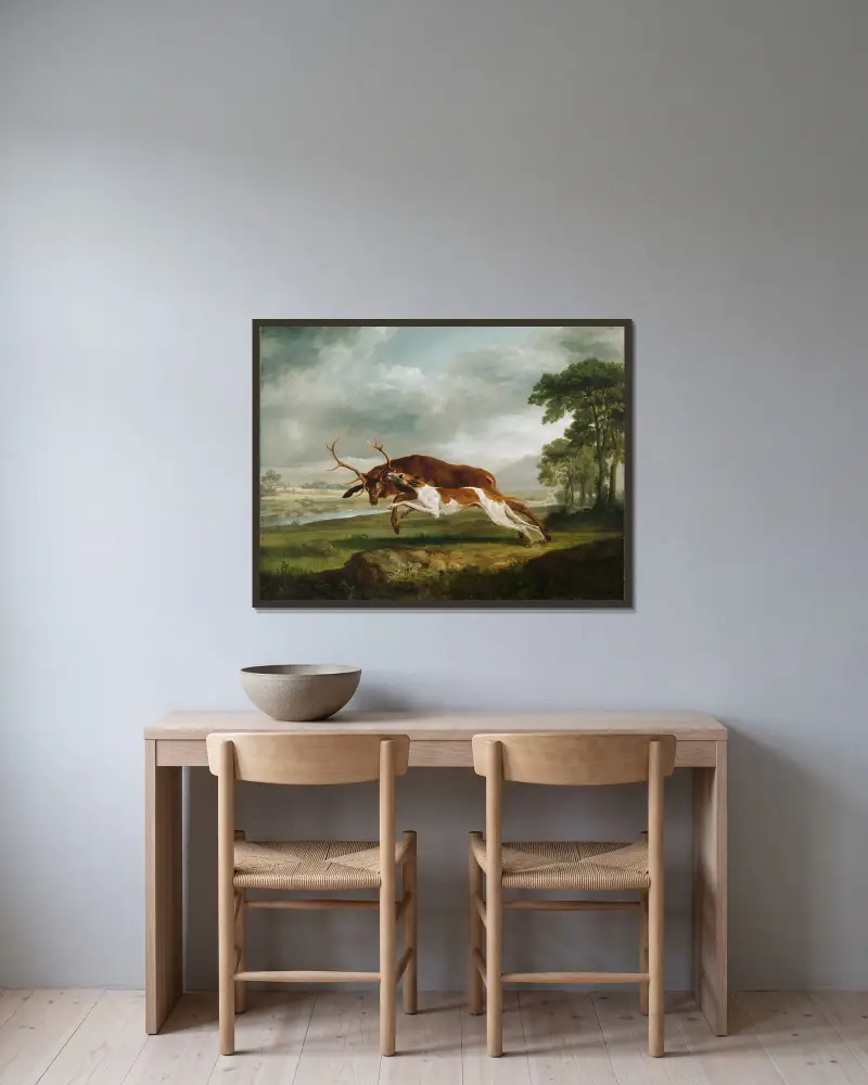 Ohař pronásledující jelena, George Stubbs v rámu na stěně