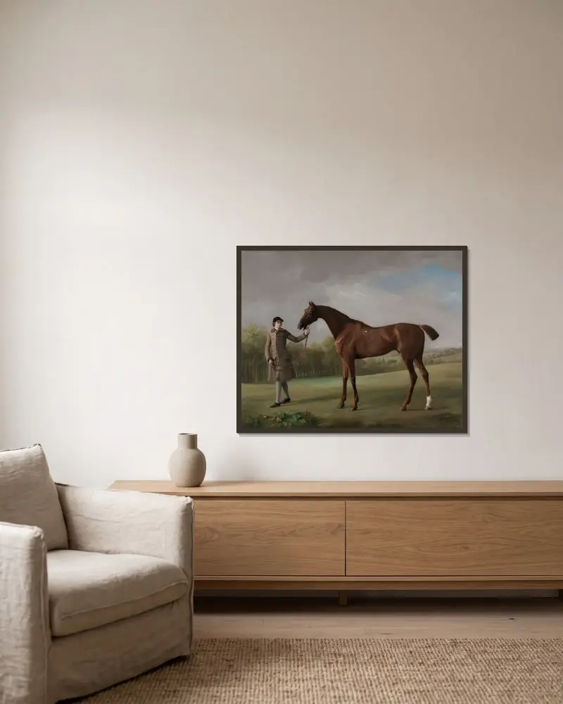 Lustre, hållen av en stalldräng av George Stubbs inramad på en vägg
