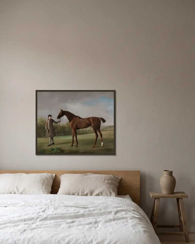 Lustre, hållen av en stalldräng av George Stubbs inramad på en vägg
