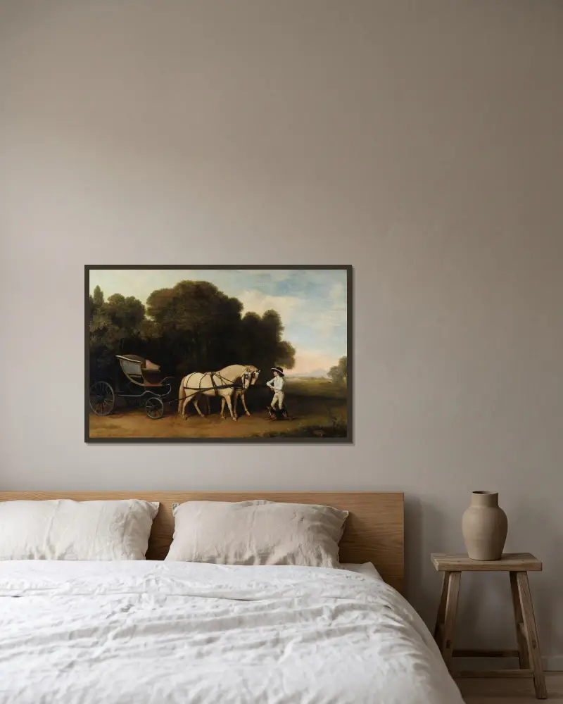 Phaeton med ett par gräddvita ponnyer och en stalldräng av George Stubbs inramad på en vägg