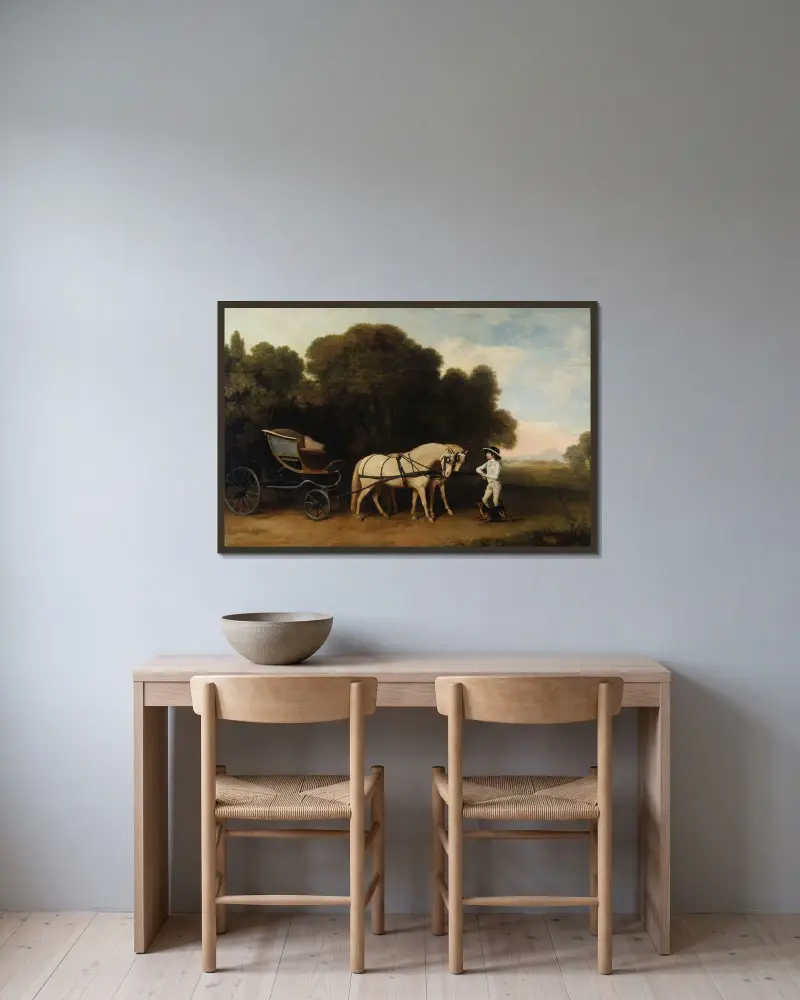 Phaeton med ett par gräddvita ponnyer och en stalldräng av George Stubbs inramad på en vägg